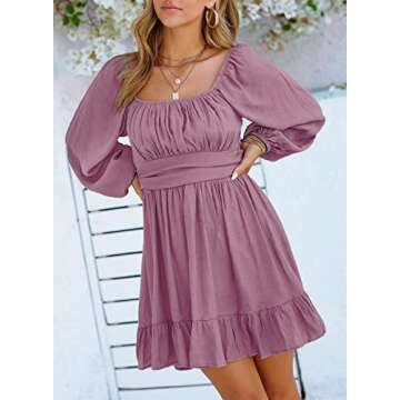 Dokotoo Women's Off The Shoulder Dress Square Neck Tie Backless Spring Dress Lantern Long Sleeve Dress Ruffle A-Line Mini Dress Shirred Elastic Waist Casual Summer Dresses XX-Large Purple