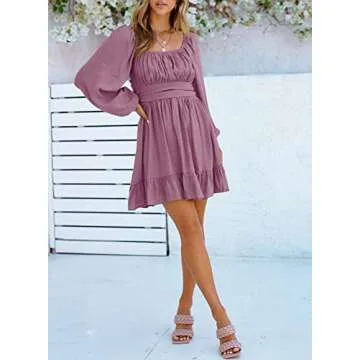 Dokotoo Women's Off The Shoulder Dress Square Neck Tie Backless Spring Dress Lantern Long Sleeve Dress Ruffle A-Line Mini Dress Shirred Elastic Waist Casual Summer Dresses XX-Large Purple