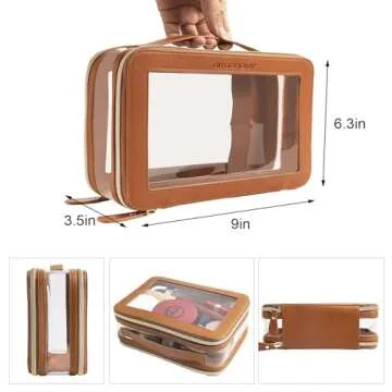 DIYOOHOMY Clear Makeup Bag Double Layer Two Sided With Zipper Brown Square Cosmetic Large Make Up Case Compartments Brush Travel Leather Toiletry Women Organizer Transparent Waterproof Pouch