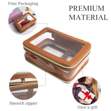 DIYOOHOMY Clear Makeup Bag Double Layer Two Sided With Zipper Brown Square Cosmetic Large Make Up Case Compartments Brush Travel Leather Toiletry Women Organizer Transparent Waterproof Pouch