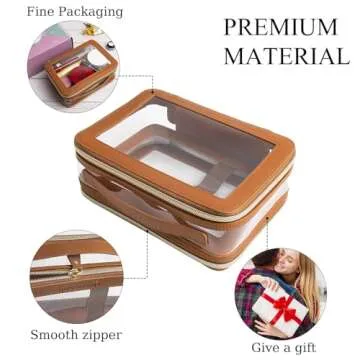 DIYOOHOMY Clear Makeup Bag Double Layer Two Sided With Zipper Brown Square Cosmetic Large Make Up Case Compartments Brush Travel Leather Toiletry Women Organizer Transparent Waterproof Pouch