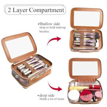 DIYOOHOMY Clear Makeup Bag Double Layer Two Sided With Zipper Brown Square Cosmetic Large Make Up Case Compartments Brush Travel Leather Toiletry Women Organizer Transparent Waterproof Pouch