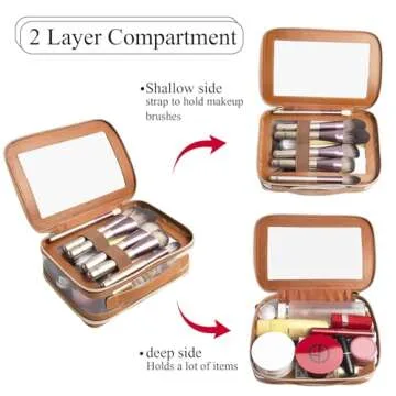 DIYOOHOMY Clear Makeup Bag Double Layer Two Sided With Zipper Brown Square Cosmetic Large Make Up Case Compartments Brush Travel Leather Toiletry Women Organizer Transparent Waterproof Pouch
