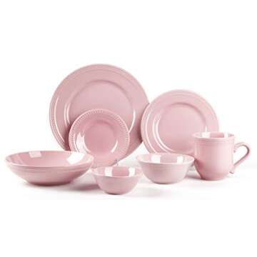 HomeVss, Pearl Dots Stoneware Dinnerware Set (56pc Set, Pink)