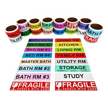 Aegis Adhesives - 1" X 4.5" Home Moving Color Coding Labels - 4 Bedroom House + Fragile Stickers -14 Different Living Spaces + 2 Rolls Handle with Care - (16 Rolls, 50 Labels/Roll, 800 Total Labels)