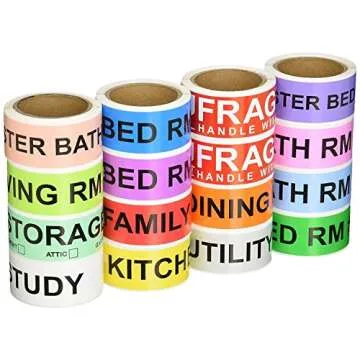 Aegis Adhesives - 1" X 4.5" Home Moving Color Coding Labels - 4 Bedroom House + Fragile Stickers -14 Different Living Spaces + 2 Rolls Handle with Care - (16 Rolls, 50 Labels/Roll, 800 Total Labels)