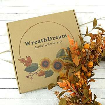 WreathDream 20'' Fall Wreath Autumn Wreath for Front Door with Small Pumpkins and Oak Leaves for Thanksgiving Halloween Home Outdoor Farmhouse Porch Wall Window Decoration,Brown Gift Box Included