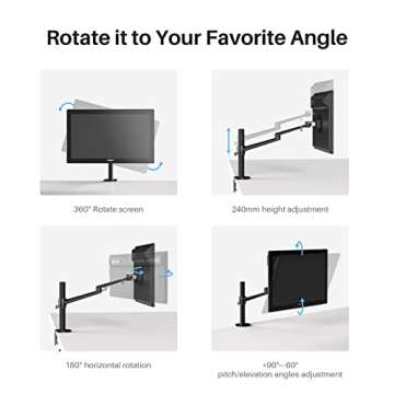 HUION Single Monitor Arm ST410, Heavy Duty Monitor Desk Mount with C-Clamp/Grommet, VESA Mount Bracket with Full Motion Swivel, Fully Adjustable Stand Supports Max 32 Inch 17.6lbs Screen