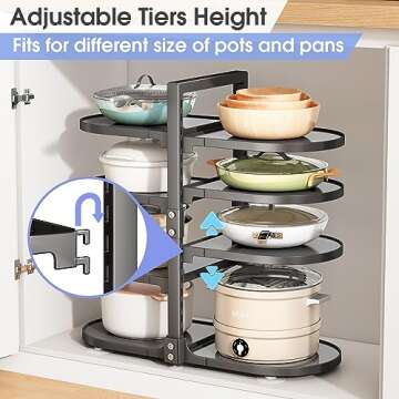 Pot and Pan Organizer for Cabinet, 8 Tier 21” Adjustable Cabinet Pan Organizer Rack Heavy Duty Pot Rack for Kitchen Storage, Snap-on Pot Pan Organizer with Panels for Stockpot and Steamer (Round)