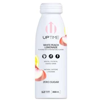 UPTIME Energy Drink, White Peach Lemonade Sparkling, 12 Pack, Vitamin C, L Theanine, Calcium, Sugar ...