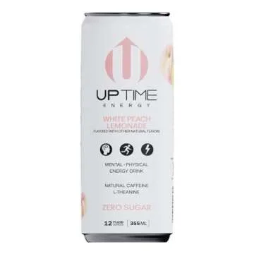 UPTIME Energy Drink, White Peach Lemonade Sparkling, 12 Pack, Vitamin C, L Theanine, Calcium, Sugar Free Energy Drinks for Focus Support, 142mg of Natural Caffeine, 5 Calories, Clean, 12 fl oz Cans