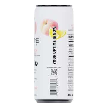UPTIME Energy Drink, White Peach Lemonade Sparkling, 12 Pack, Vitamin C, L Theanine, Calcium, Sugar Free Energy Drinks for Focus Support, 142mg of Natural Caffeine, 5 Calories, Clean, 12 fl oz Cans