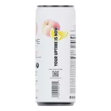 UPTIME Energy Drink, White Peach Lemonade Sparkling, 12 Pack, Vitamin C, L Theanine, Calcium, Sugar Free Energy Drinks for Focus Support, 142mg of Natural Caffeine, 5 Calories, Clean, 12 fl oz Cans
