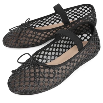 AMINUGAL Raffia Ballet Flats Shoes for Women Mesh Mary Jane Flats Bows Round Toe Ballerina Flats Espadrilles Fishnet Flats Shoes Women Dressy Comfortable Retro Casual Stretch Band Shoes Size 8
