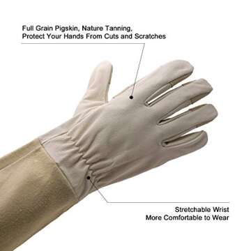 HLDD HANDLANDY Rose Pruning Gloves, Long Thorn Proof Gardening Gloves, Pigskin Leather Gauntlet with Padded Palm for Men & Women, Garden Gifts for Gardener (Large, Beige)