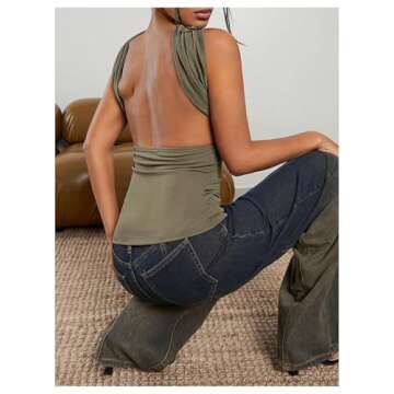 Milumia Women Ruched Strapless Halter Tube Top Open Back Slim Fit Bandeau Shirts Green X-Small