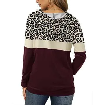 Leopard Print Sweatshirt for Women Long Sleeve Pullover Fashion Fall Hoodies 2024 Color Block Hooded Tops Burgundy XL