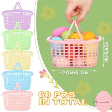 SiliFine 60 Pcs Pastel Plastic Easter Baskets Bulk Small Colorful Plastic Baskets with Handles Easter Gift Wrap Basket for Easter Party Egg Hunts Easter Eggs Party Favor