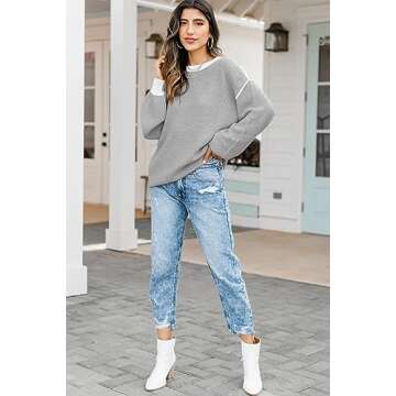 Fall Clothes for Women 2025 Trendy Fashion Oversized Sweaters Color Block Long Sleeve Knited Pullover Tops Winter Outfits,Grey,Large