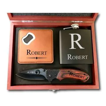 Custom Gift Set for Groomsmen - Flask, Coaster, Knife