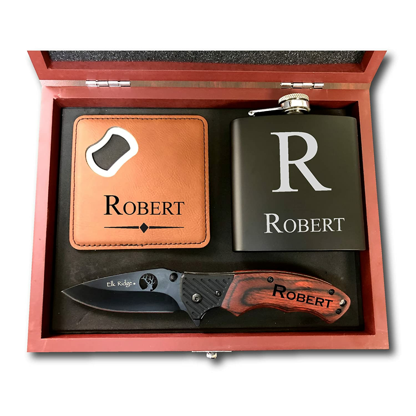 Custom Gift Set for Groomsmen - Flask, Coaster, Knife