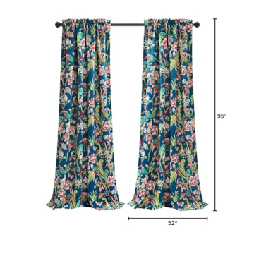 Navy Floral Bird Print Curtains - 52" x 95" Pair