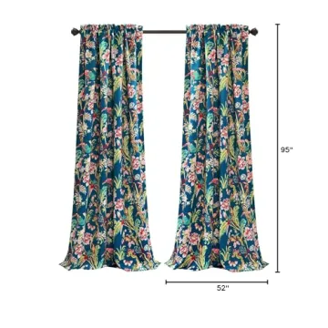 Navy Floral Bird Print Curtains - 52" x 95" Pair