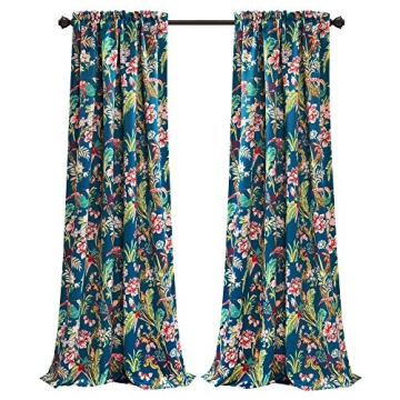 Navy Floral Bird Print Curtains - 52" x 95" Pair