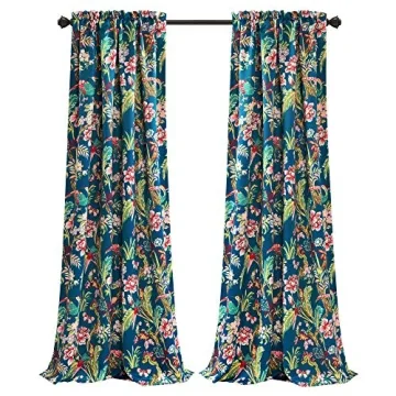 Navy Floral Bird Print Curtains - 52" x 95" Pair
