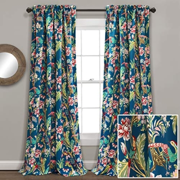 Navy Floral Bird Print Curtains - 52" x 95" Pair