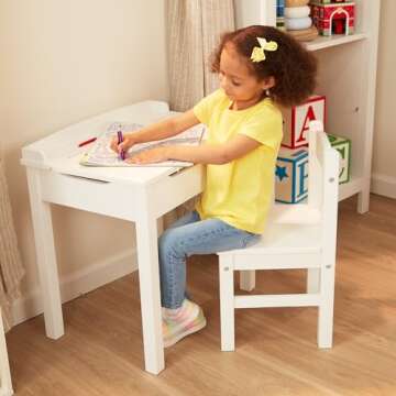 Melissa & Doug Wooden Child's Lift-Top Desk & Chair - White Play Desk and Chair Set for Toddlers and Kids Ages 3+