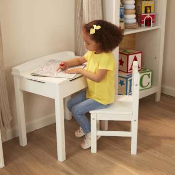 Melissa & Doug Wooden Child's Lift-Top Desk & Chair - White Play Desk and Chair Set for Toddlers and Kids Ages 3+
