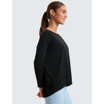 CRZ YOGA Pima Cotton Long Sleeve Workout Shirts for Women Loose Fit Athletic Yoga T-Shirts Casual Boat Neck Fall Tops Black Large