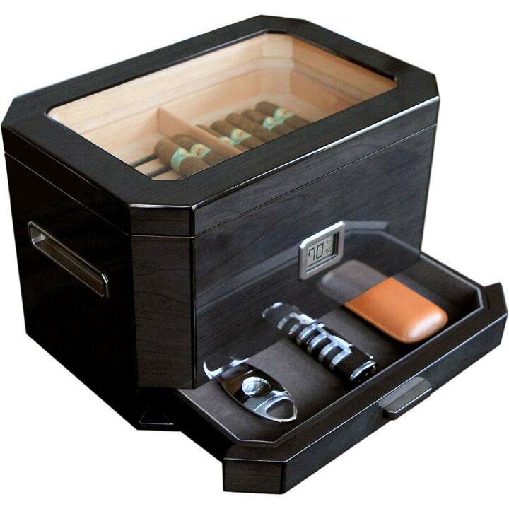 Octodor Large Black Cedar Humidor with Digital Hygrometer