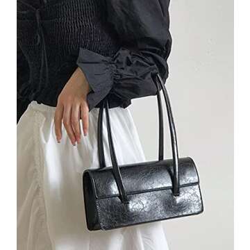 Shoulder Bag for Women Retro PU Leather Classic Clutch Tote Handbag Purse Underarm Bag (Black)