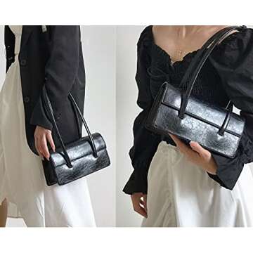 Shoulder Bag for Women Retro PU Leather Classic Clutch Tote Handbag Purse Underarm Bag (Black)