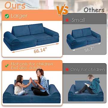Betterhood Play Couch Sofa for Kids Large Size, Modular Kids Play Couch, Kids Couch Building Fort for Playroom Bedroom, Children Convertible Foam Cushion Couch for Boys and Girls, Navy Blue