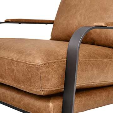 Amazon Brand – Rivet Summit Mid-Century Modern Leather Accent Chair with Steel Arms, Cognac Brown, 35"D x 27.2"W x 27.6"H