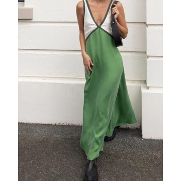 KMBANGI Women Y2k Floral V Neck Maxi Dress Flowy Sleeveless Patchwork Long Dress Elegant Boho Summer Sundress(B7855 Green,S), Small