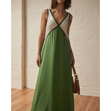 KMBANGI Women Y2k Floral V Neck Maxi Dress Flowy Sleeveless Patchwork Long Dress Elegant Boho Summer Sundress(B7855 Green,S), Small