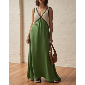 KMBANGI Women Y2k Floral V Neck Maxi Dress Flowy Sleeveless Patchwork Long Dress Elegant Boho Summer Sundress(B7855 Green,S), Small