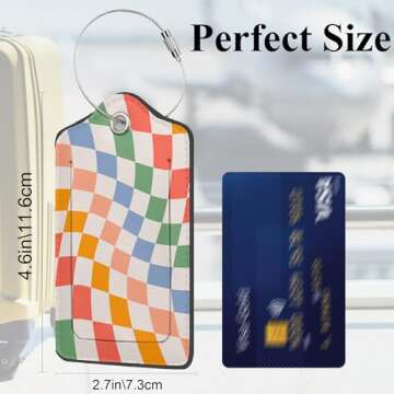 Set of 2 Luggage Tags for Suitcases, Leather Abstract Colorful Twisted Checkered Baggage Tags with Stainless Steel Loop, Privacy Name ID Card Cover Travel Labels for Women Men Kids Girls
