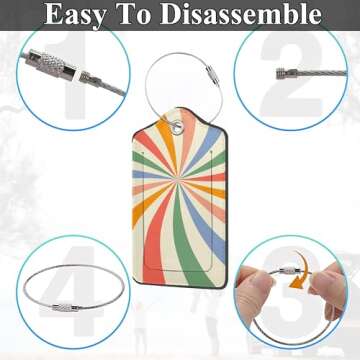 Set of 2 Luggage Tags for Suitcases, Leather Abstract Colorful Twisted Checkered Baggage Tags with Stainless Steel Loop, Privacy Name ID Card Cover Travel Labels for Women Men Kids Girls