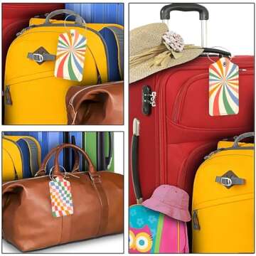 Set of 2 Luggage Tags for Suitcases, Leather Abstract Colorful Twisted Checkered Baggage Tags with Stainless Steel Loop, Privacy Name ID Card Cover Travel Labels for Women Men Kids Girls