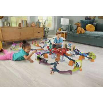 Train Diesel Raceway Motorized Toy Train Set with Track Bridge & Cargo ​2 Engines, 4 Play Pieces, 12 Track Accessories, 44 Track Pieces