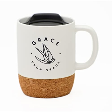 Ceramic Designer Coffee Mug | Grace upon Grace | Holds 14 ounces | Cork Bottom with Lid | Great for Coffee, Tea, Soups, Hot Chocolate