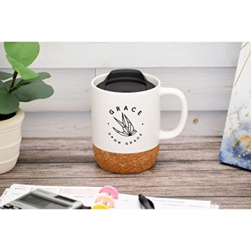 Ceramic Designer Coffee Mug | Grace upon Grace | Holds 14 ounces | Cork Bottom with Lid | Great for Coffee, Tea, Soups, Hot Chocolate