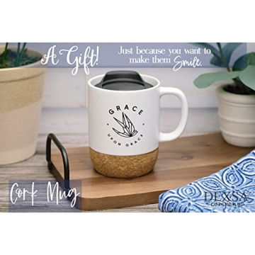 Ceramic Designer Coffee Mug | Grace upon Grace | Holds 14 ounces | Cork Bottom with Lid | Great for Coffee, Tea, Soups, Hot Chocolate