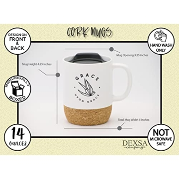 Ceramic Designer Coffee Mug | Grace upon Grace | Holds 14 ounces | Cork Bottom with Lid | Great for Coffee, Tea, Soups, Hot Chocolate