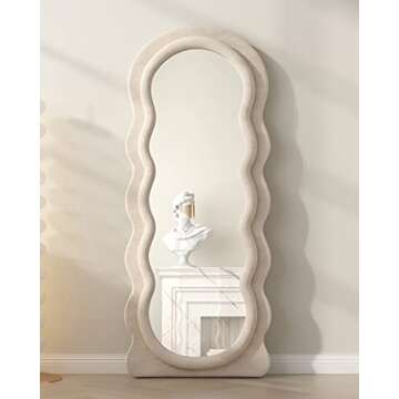 ITSRG Wavy Wall Mounted Mirror with Flannel Wrapped Wooden Frame and Stand - Full Length (White)